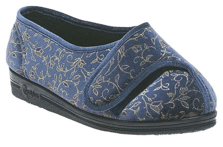 Comfylux Helen Womens Blue Floral SUPER WIDE Adjustable Strap Washable Slippers