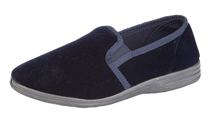 Zedzzz Ross Mens Navy Blue Velour Twin Gusset Comfort Slipper Shoes With Back