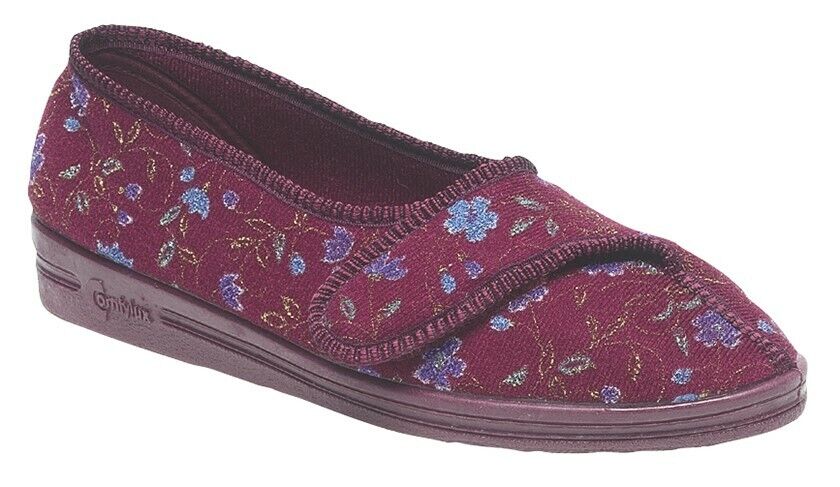 Comfylux Diana EXTRA WIDE FIT Womens Red Floral Open Out Washable Slippers