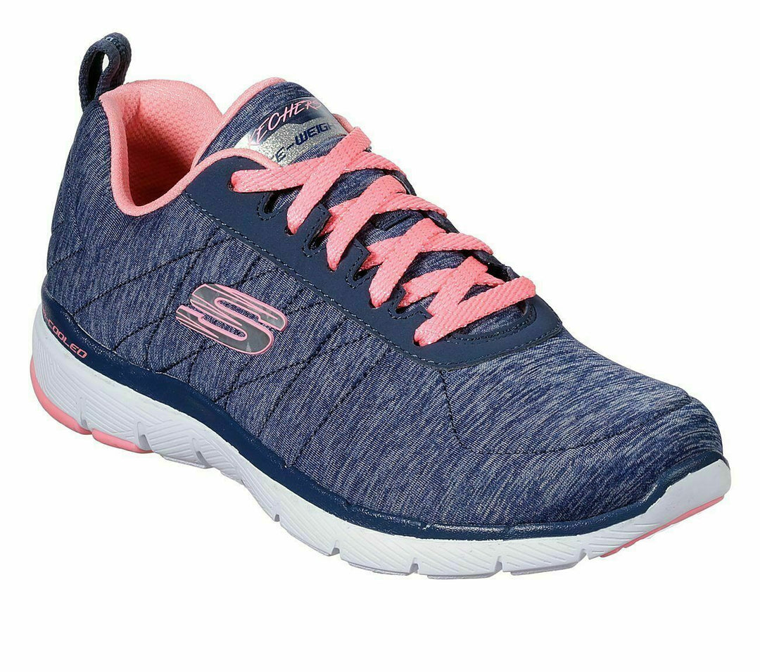 Skechers Flex Appeal 3.0 Insiders Womens Trainers Navy/Coral Fabric Lace Up