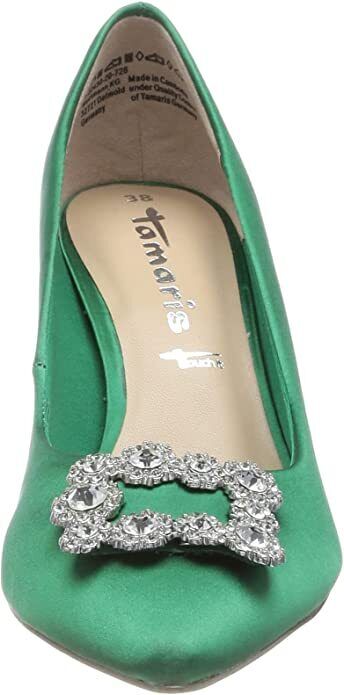 Tamaris 22430 Ladies Green Satin Vegan Stiletto Heel Diamante Jewel Court Shoes