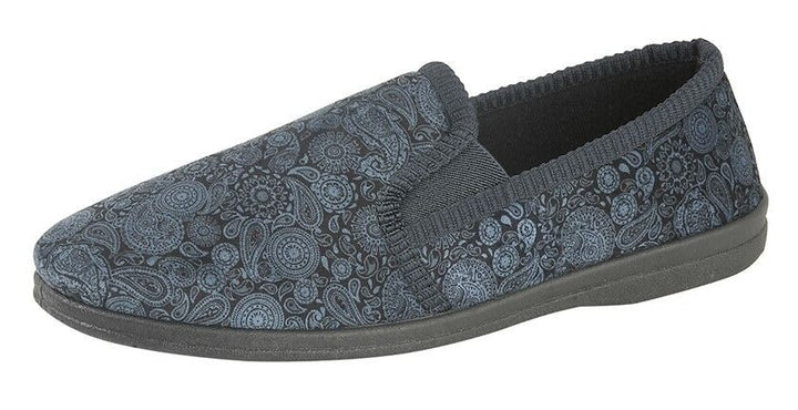 Sleepers Monty Mens Navy Blue Velour Paisley Patterned  Comfort Full Slipper With Twin Gusset