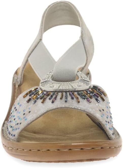 Rieker 60880 Ladies Silver Slip On Slingback Low Wedge Sandals Beads Disc Design