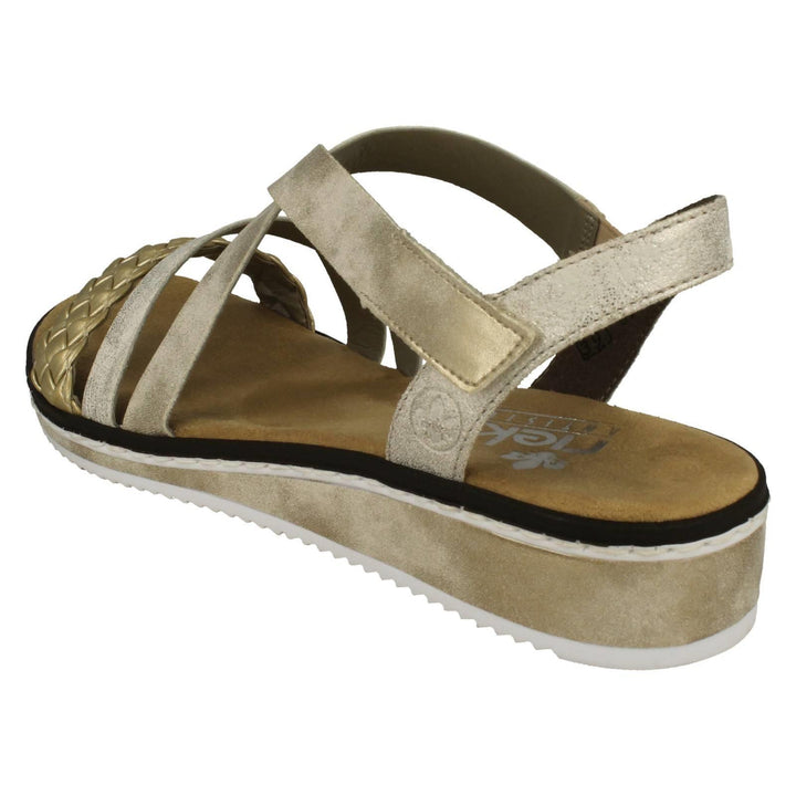 Rieker V3663 Ladies Wide Fit Gold Faux Leather Crossover Straps Single Touch Fasten Wedge Sandals