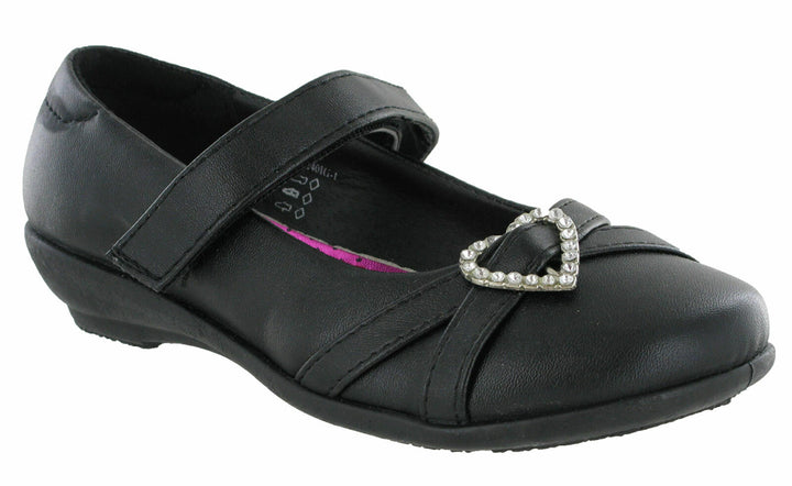 US Brass C753 Girls Black School Shoes Mary Jane With Strap & Diamante Heart