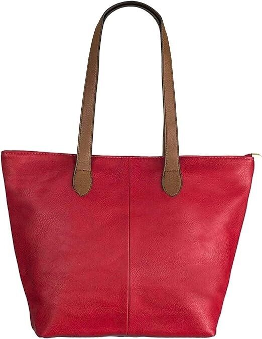 FAUX LEATHER MEDIUM TOTE SHOULDER/SHOPPING BAG WITH TAN STRAP AND ZIP FASTENING RED