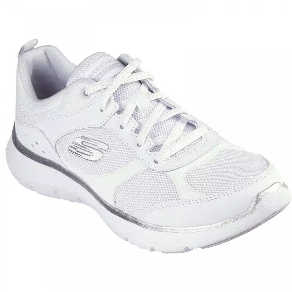 Skechers Flex Fresh Touch Ladies White/Silver Memory Foam Lace Up Trainers