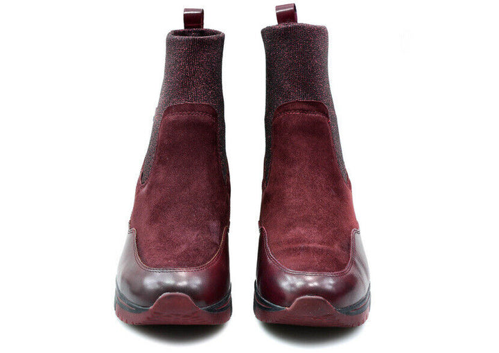 Tamaris 25409 Bordeaux Red Suede Leather Elastic Collar Platform Chelsea Boots