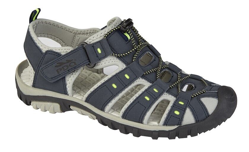 PDQ M040 Navy/Lime Waxy Triple Touch Fasten Lightweight Leather Sock  Sandals