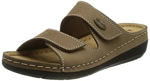 Tamaris 27510 Ladies Taupe Nubuck Leather Wide Fit Touch Fasten Slider Mule Sandals