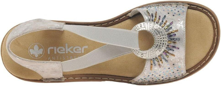 Rieker 60880 Ladies Silver Slip On Slingback Low Wedge Sandals Beads Disc Design