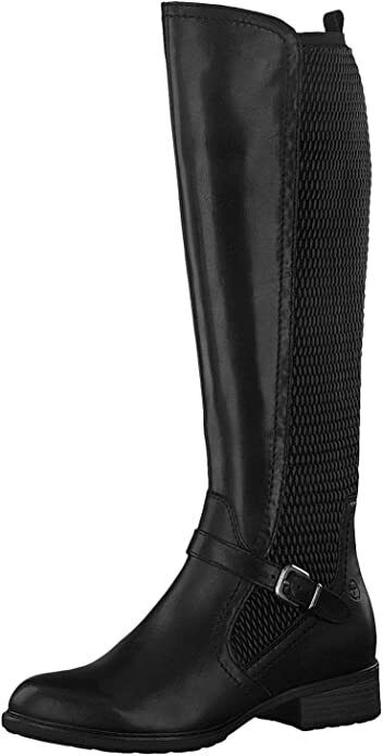 Tamaris 25511-25 Ladies Black Leather Zip Knee High Boot Extra Narrow Calf Block Heel