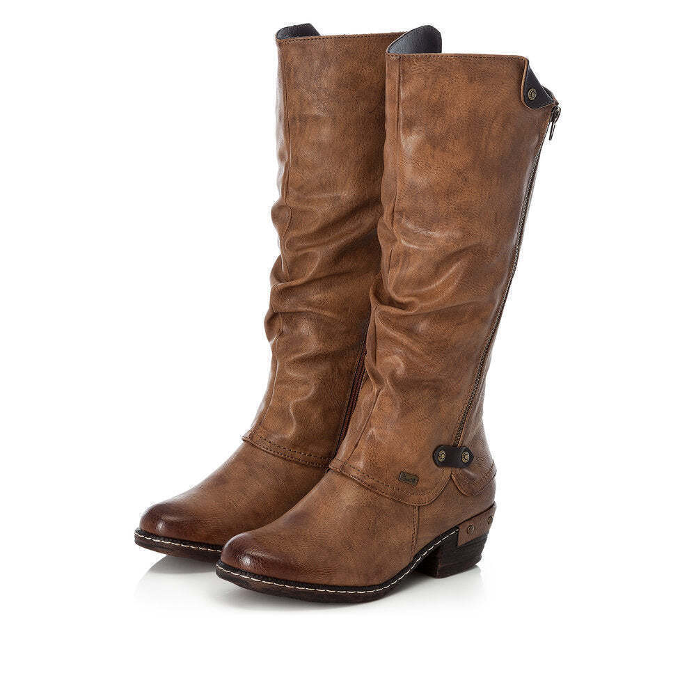 Rieker 93655 Ladies Water Resistant Tan Brown Ruched Double Zip Lambs Wool Lined Calf Boots