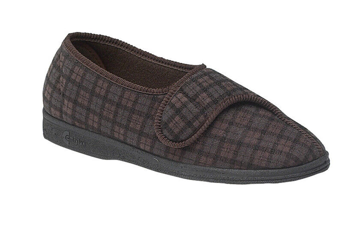 Comfylux Paul Mens Washable WIDE FIT Brown Check Open Out Slippers With Strap