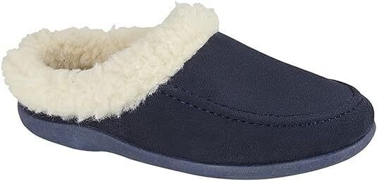 Sleepers Janine Ladies Navy Super Soft Comfort FUR CUFF Memory Foam Mule Slippers