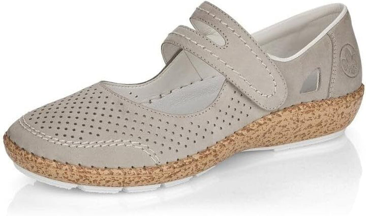 Rieker 44885 Ladies Grey Beige Perforated Leather Mary Jane Strap Shoes