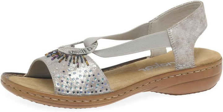 Rieker 60880 Ladies Silver Slip On Slingback Low Wedge Sandals Beads Disc Design