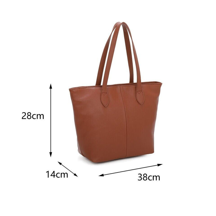 Faux Leather Medium Tote Shoulder/Shopping Bag With Tan Strap And Zip Fastening Dark Tan