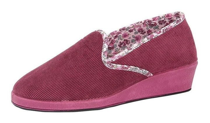 Sleepers LS378 Edna Ladies Pink Cord Wedge Slippers With Floral Trim & Memory Foam Insoles