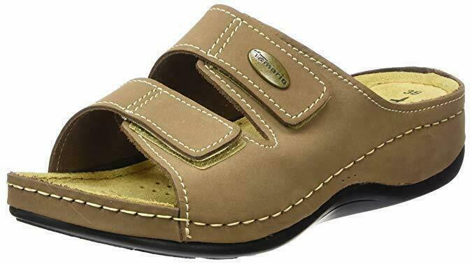 Tamaris 27510 Womens Taupe Leather Wide Fit Touch Fasten Raised Sole Mule Sandals