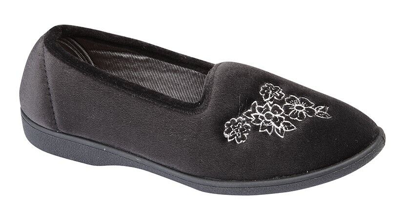 Zedzzz LS353 Heather Ladies Black Velour Floral Embroidered Soft Slippers