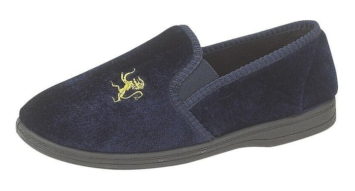 Sleepers Kyle Boys Slippers Navy Blue Velour Slip On Embroidered Lion Motif