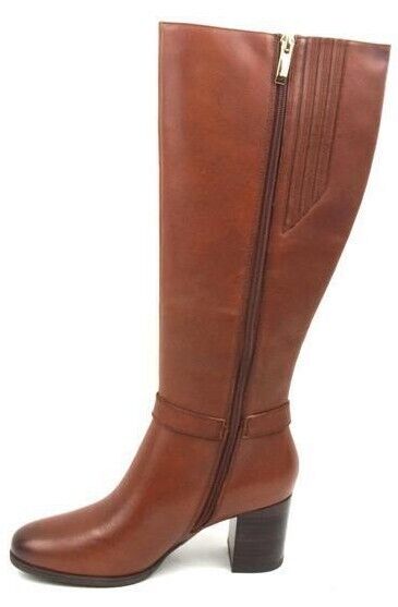 Tamaris 25551 Ladies Cognac Tan Leather Logo Buckle Zip Up Mid Heel Knee High Boots