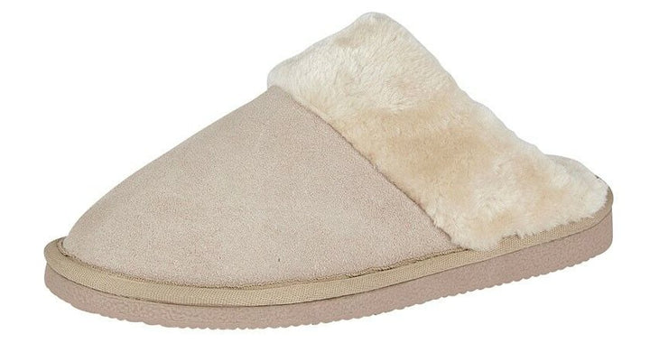 Mokkers Kelsei Womens Stone Beige Real Suede Faux Fur Lined Mule Slippers Ladies