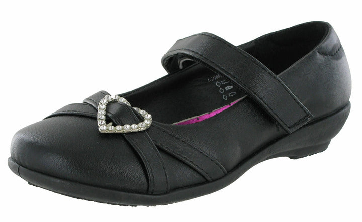 US Brass C753 Girls Black School Shoes Mary Jane With Strap & Diamante Heart