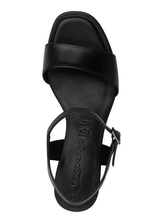 Tamaris 28232 Ladies Black Leather Block Heel Buckle Strap Leather Lined Sandals