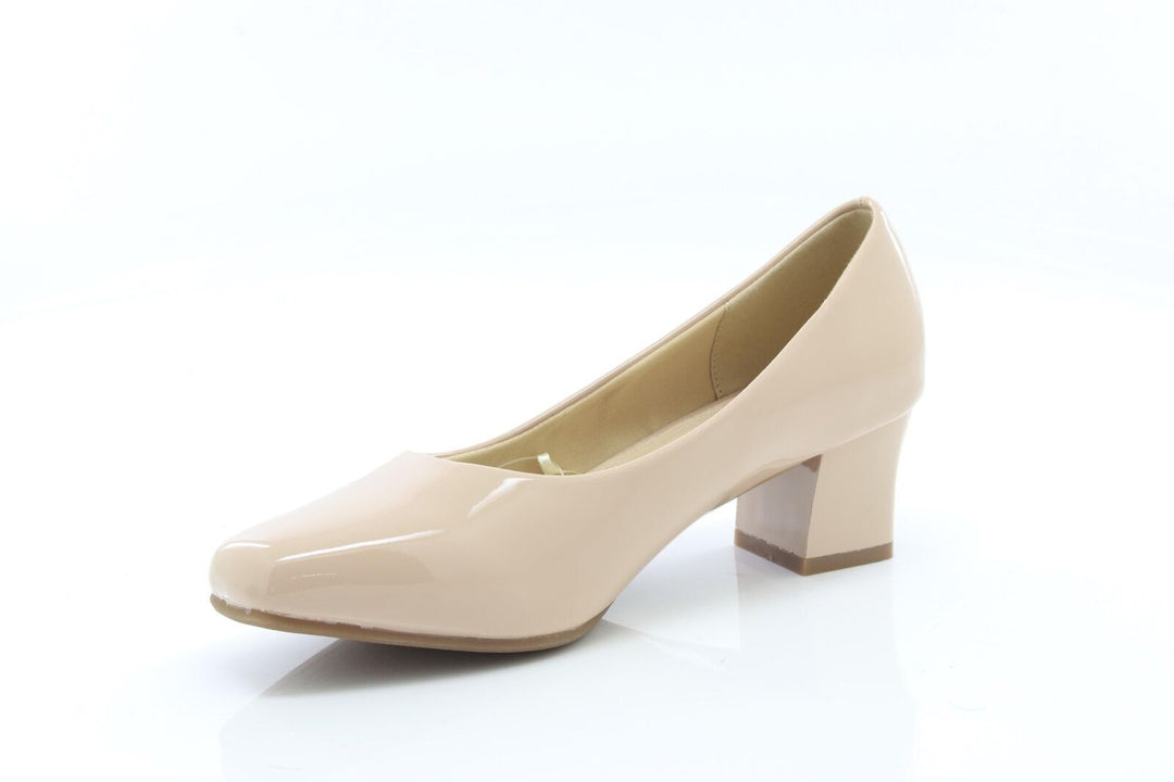 Comfort Plus Karly Ladies Wide Fit Nude Patent Slip On Block Heel Court Shoes