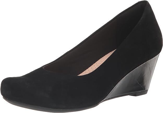 Clarks Flores Tulip Ladies Black Suede Slip On Cushioned Patent Wedge Court Shoe