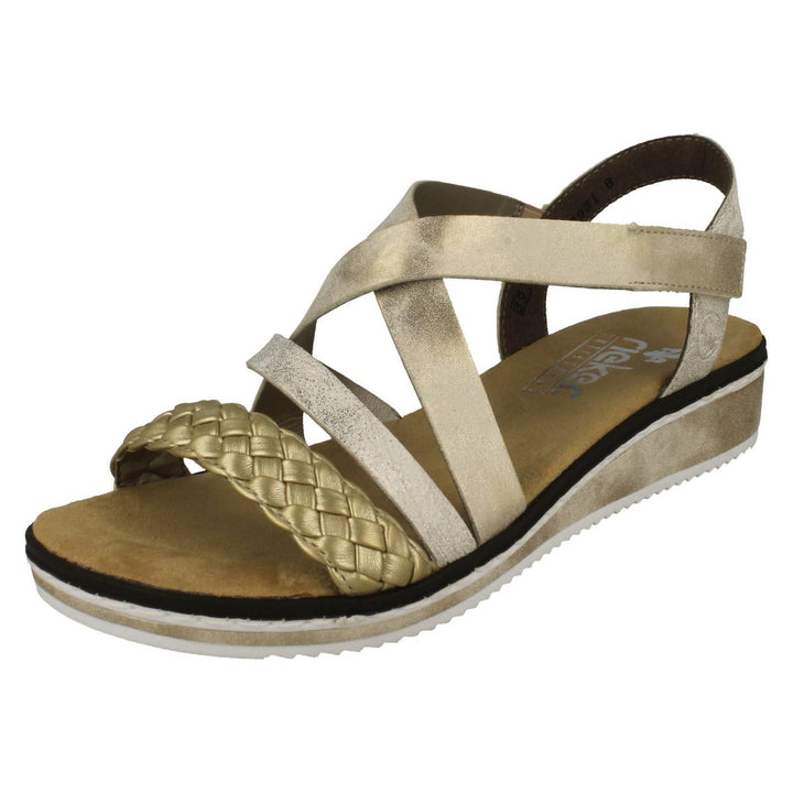 Rieker V3663 Ladies Wide Fit Gold Faux Leather Crossover Straps Single Touch Fasten Wedge Sandals