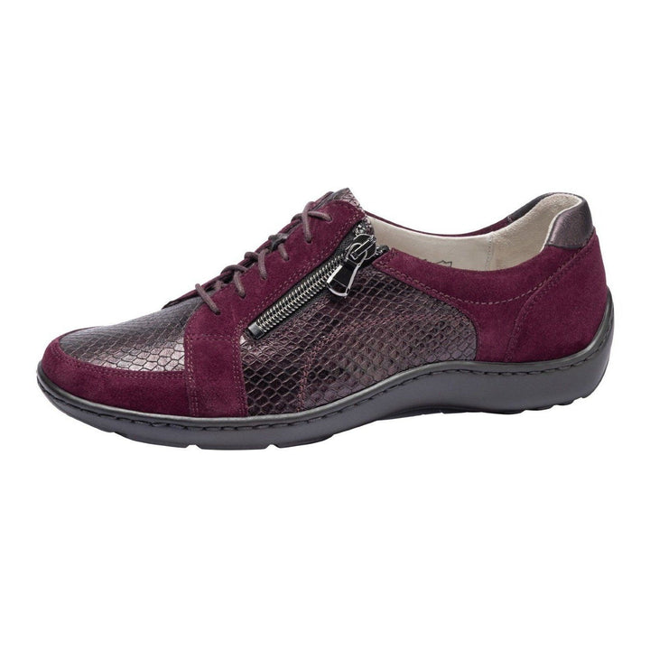 Waldlaufer Henni 496042 Burgundy Nubuck/Leather Snake Print Wide Fit Lace Up Casual Shoes