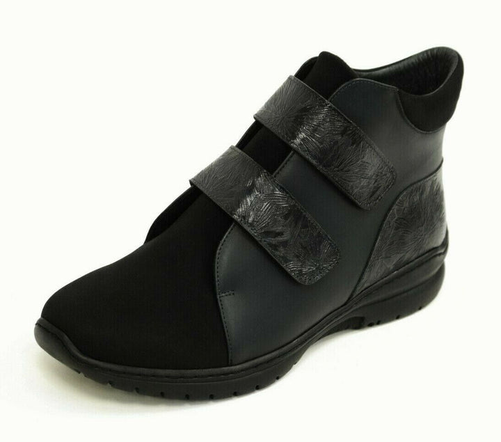 Footsoft EXTRA WIDE (EE/ EEE) Black Leather Double Strap Ankle Boots With Removable Insole Bree