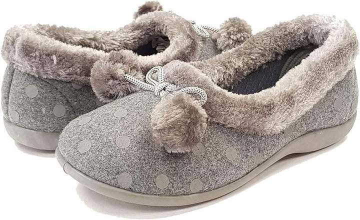 Sleepers Marge Ladies Grey Felt Memory Foam Slip On Polka Dot Pom Pom Slippers