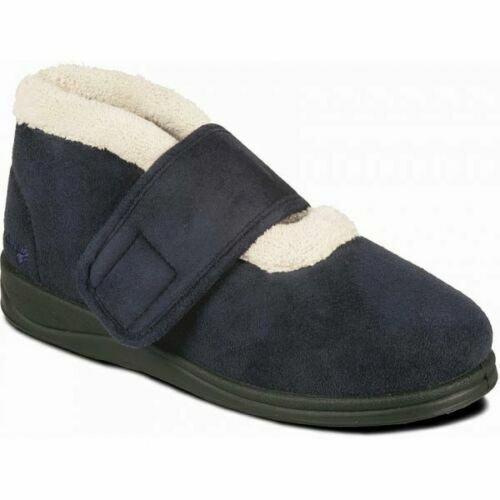 Padders Silent Womens Navy Blue Microsuede WIDE FIT (EE) Bootie Velcro Slippers Size 3