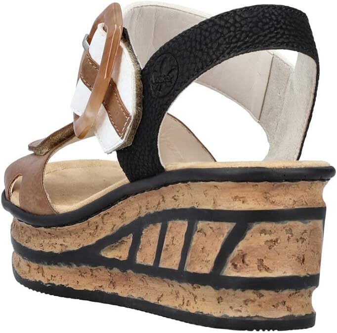 Rieker 68716 Ladies Beige/White/Black Touch Fasten Mid Wedge Slingback Sandals