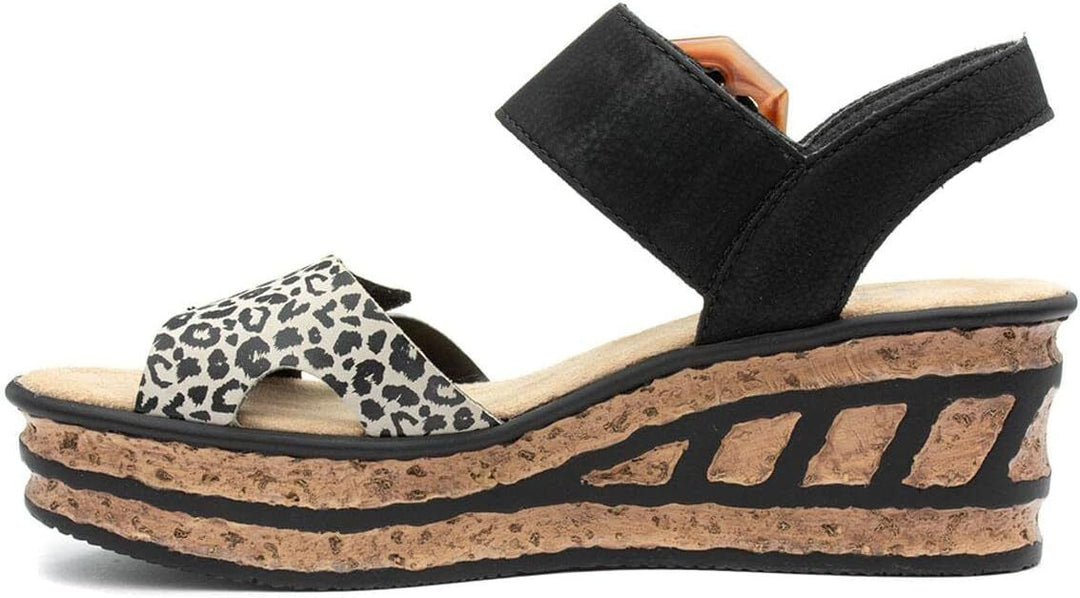 Rieker 68716 Ladies Black Leopard Touch Fasten Mid Wedge Slingback Sandals