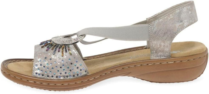 Rieker 60880 Ladies Silver Slip On Slingback Low Wedge Sandals Beads Disc Design