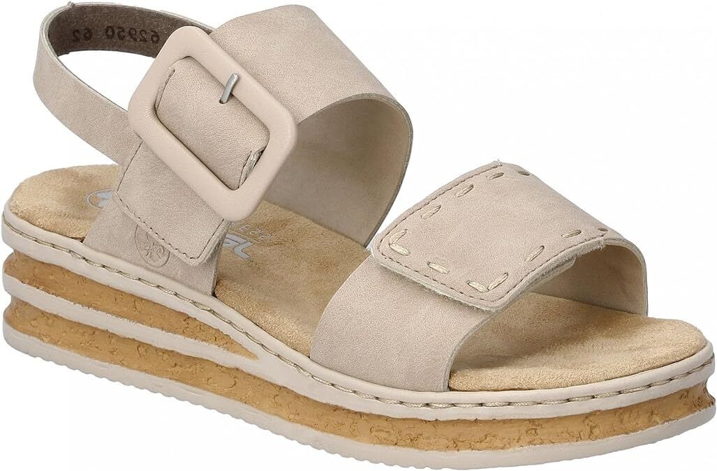 Rieker 62950 Ladies Beige Double Touch Fasten Low Wedge Slingback Sandals