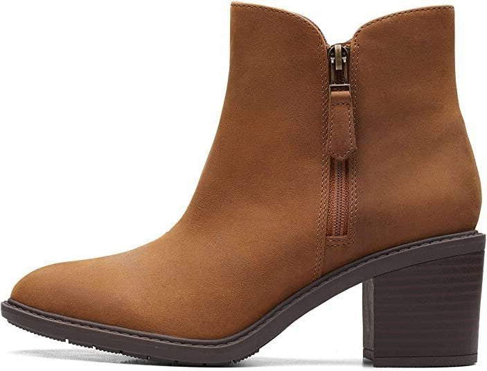 Clarks Scene Zip Womens Waxy Dark Tan Leather/ Snake Print Outer Zip Fastening Block Heel Boots