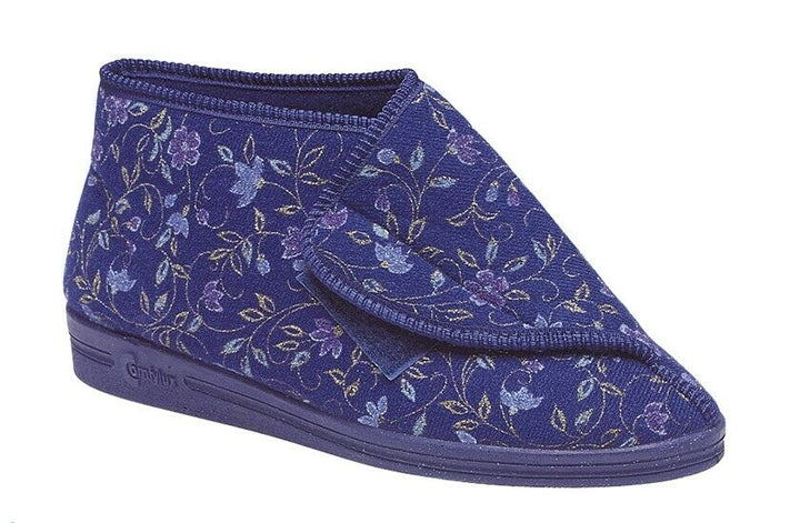 Comfylux Andrea Blue Floral SUPER WIDE FIT Velcro Washable Bootie Slippers