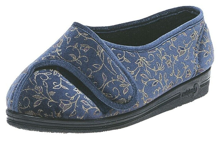 Comfylux Helen Womens Blue Floral SUPER WIDE Adjustable Strap Washable Slippers