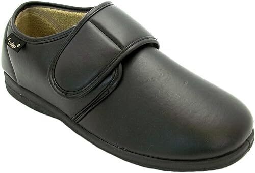 Dr Keller Chris Mens Black Faux Leather Touch Fasten WIDE Orthopaedic Slippers