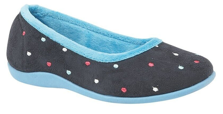 Sleepers LS343 Navy Blue Polka Dot Patterned Microfibre Ballerina Slippers With Memory Foam