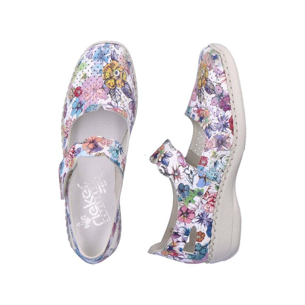 Rieker 413J2 Ladies Multi Floral Perforated Leather Mary Jane Wide Comfort Shoes