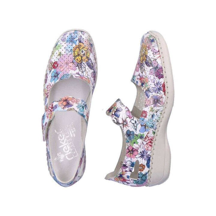 Rieker 413J2 Ladies Multi Floral Perforated Leather Mary Jane Wide Comfort Shoes