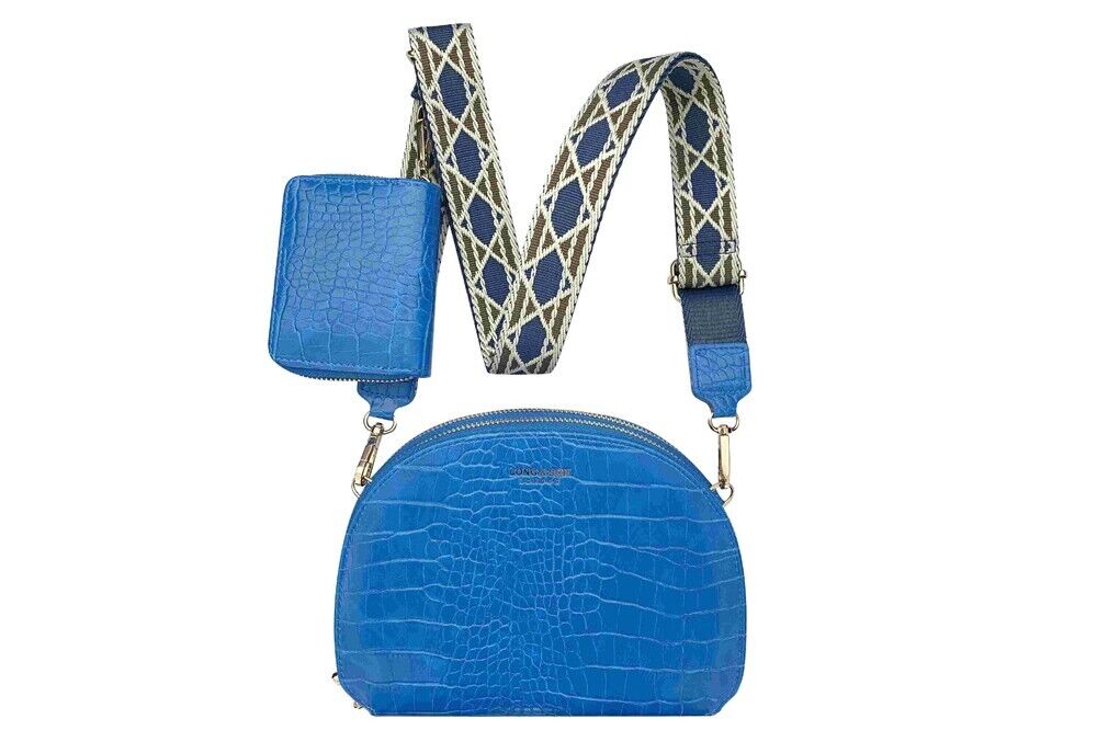 Long & Son Ladies Blue Small Double Zip Crossbody Bag With Purse Fabric Strap