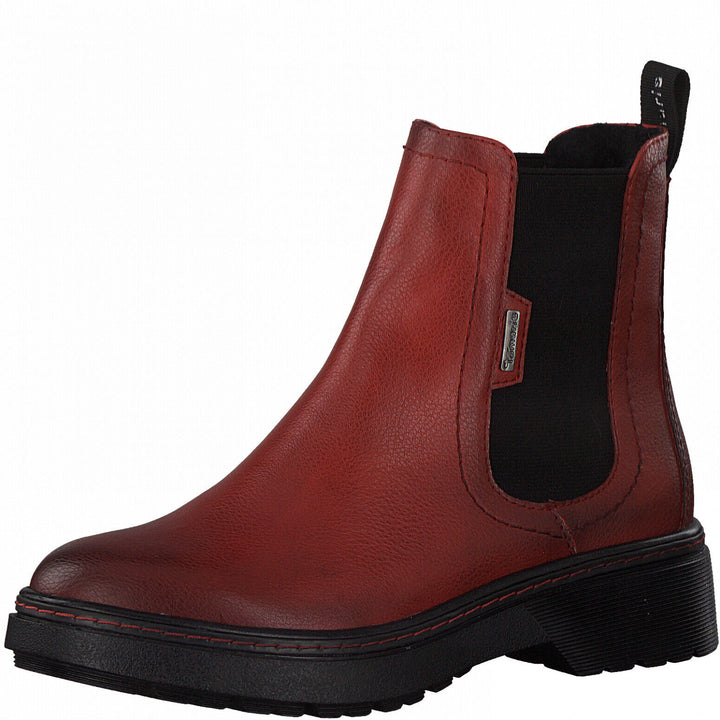 Tamaris 25463 Ladies Chilli Red Faux Leather Pull On Chunky Chelsea Boots